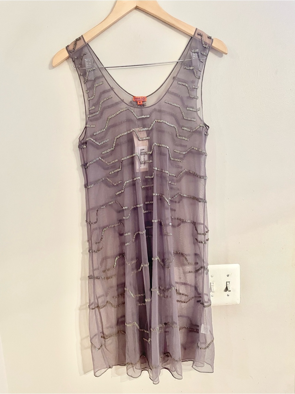 NWT- Chan Luu Silk Chiffon Embellished Beaded Overlay Dress Tunic Gray Medium - Picture 3 of 12
